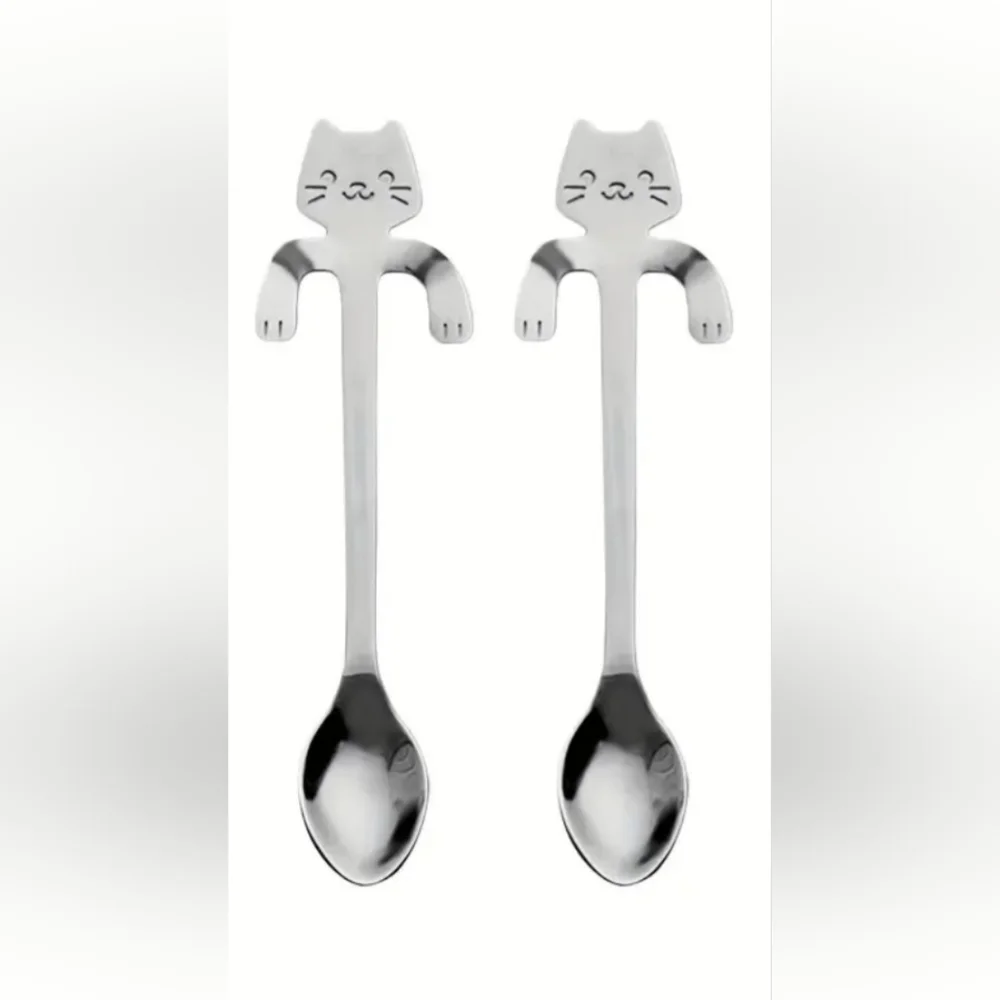 Stainless Steel Cat Tea Coffee Ice Cream Spoon Teaspoon Tableware 2pcs